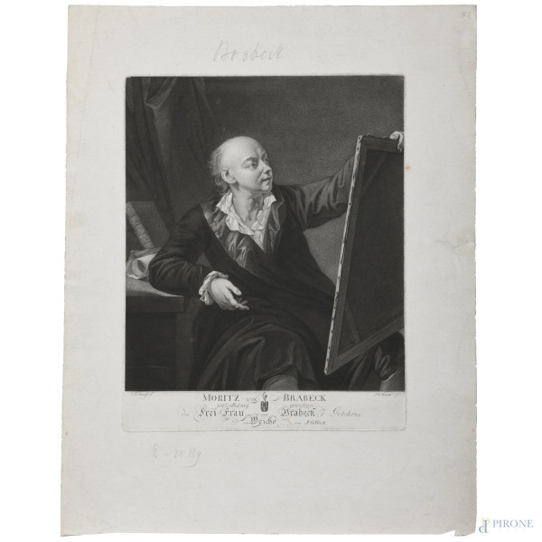 Incisione di F.J. Huck (da dipinto di A. Graff) raffigurante Moritz von Brabeck, XIX secolo, cm 34x27, (segni di usura, gore, foxing, lacerazioni della carta, tracce di piegatura)