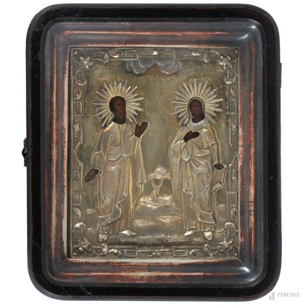 Icona con riza in metallo dorato entro teca, XIX-XX secolo, misure complessive cm 29,5x25,57,5