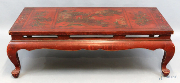 Tavolo cinese in legno laccato rosso, cm h 35,5x113,5x59