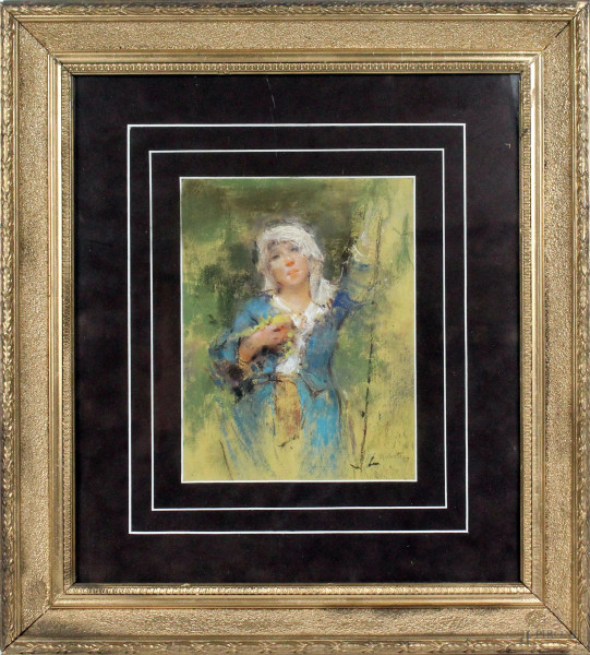 Ritratto di ragazza con uva e mela, pastello su cartoncino, cm. 26x19, firmato, entro cornice.