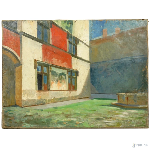 Scorcio di cortile, olio su tela, XX secolo, cm 45x60,5 (difetti)