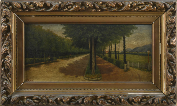Viale alberato, XX secolo, olio su tavola, cm 18x38,5, firmato in basso a sinistra, entro cornice, (lievi segni di usura, supporto imbarcato)