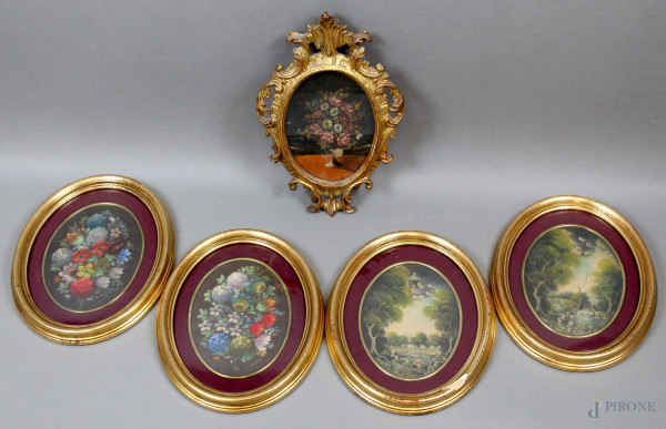 Lotto di cinque miniature ad assetto ovale raffiguranti bouquet di fiori e paesaggi, misure max cm. 17x12, XX secolo, entro cornici.