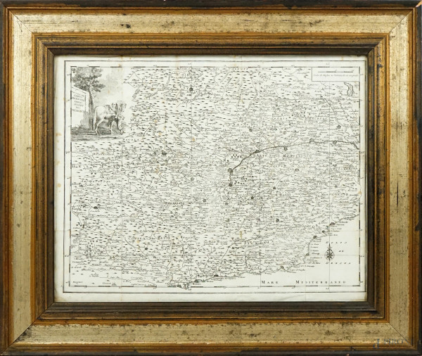 "La carta geografica dello Stato del Piemonte" tratta da "Atlante novissimo, che contiene tutte le parti del Mondo[…]", incisione, cm 35x45, XVIII secolo, entro cornice, (macchie sulla carta).