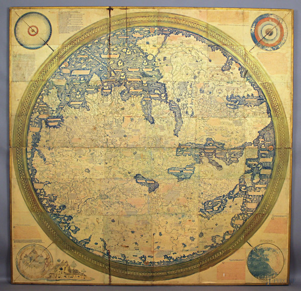 Il mappamondo di Fr&#224; Mauro, composto da quarantotto tavole a colori applicate su due tavole di legno, 216x222 cm.