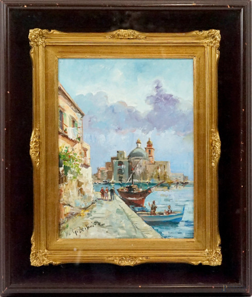 Salerno, olio su compensato, cm 40x30, firmato G.Bertoni,entro cornice.