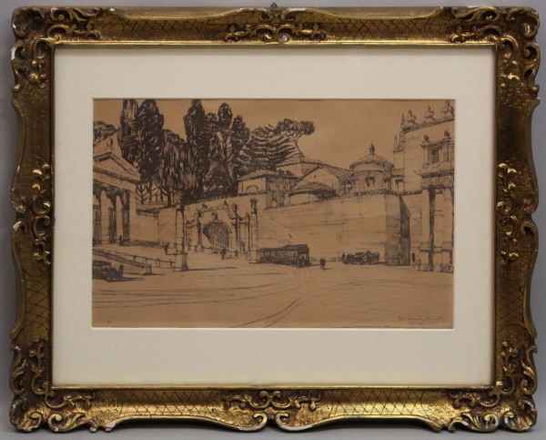 Scorcio di Piazzale Flaminio, Roma, china su carta, 25x40 cm, entro cornice datato 1925
