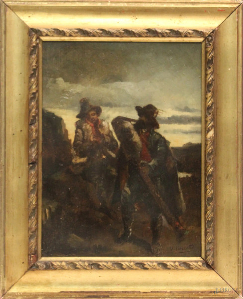 Paesaggio con pastori, dipinto olio su tavola cm, 36x26, firmato V. Lancetti, entro cornice.