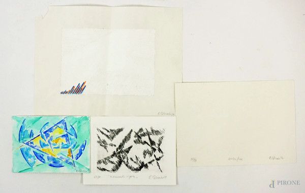 Eduardo Palumbo - Lotto composto da una cartolina acquerellata, una tecnica mista e due litografie intitolate "Rinnovato vigore" e "Senza fine", misure max cm 23,5x31,5, ES. 26/26 e 48/80, dediche a tergo, (difetti).
