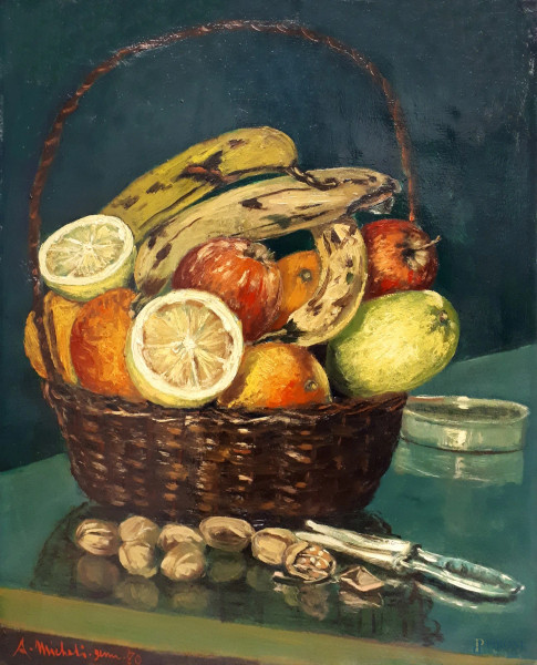 A. Micheli (XX sec.) Natura morta con frutta e noci, olio su tela, cm 40x50, firmato