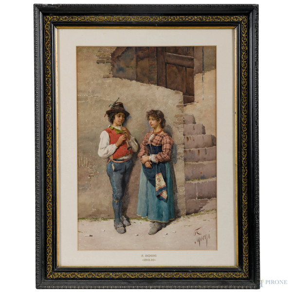 Filippo Indoni (1842-1908), Idillio, acquerello su carta, cm 53x36, firmato in basso a destra, entro cornice, (ondulazioni della carta)