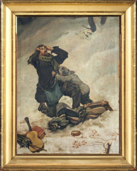 Paesaggio invernale con figure, dipinto dell&#39;800 a soggetto russo ad olio su tela 80x100 cm, entro cornice firmato.