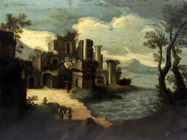 Scuola laziale del XVII-XVIII secolo, Paesaggio campestre, olio su tela, cm 74x99.