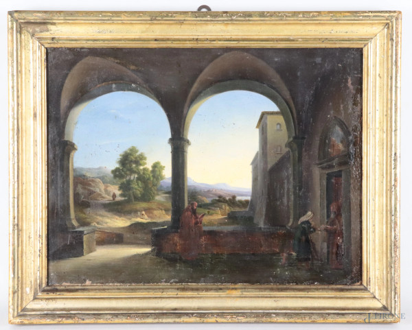 Interno di chiostro con monaci, popolana e paesaggio sullo sfondo, XIX secolo, olio su tela, cm 32x42, entro cornice, (segni di usura, sollevamenti e cadute di colore, abrasioni)