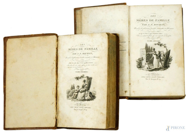 Due volumi in lingua francese: "Les mères de famille" par J.N.Bavilly, Parigi, chez Louis Janet librairie, tomo I e II, (difetti, pagine recise e macchie).