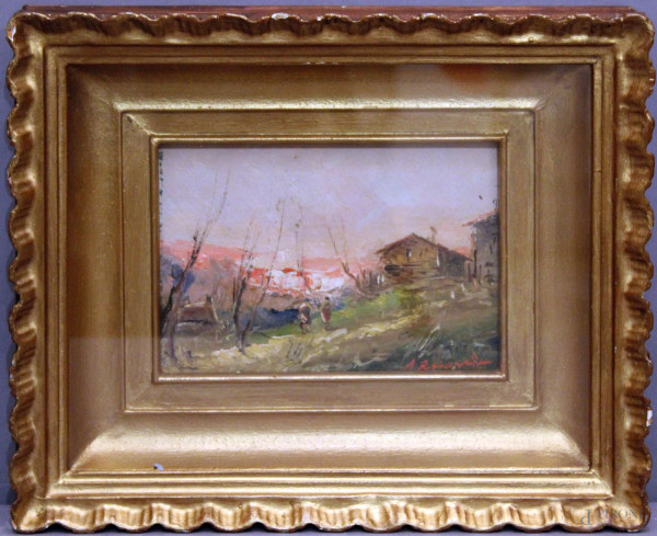 Paesaggio con casolare, olio su cartone telato, 14x19 cm, entro cornice firmato 