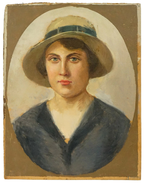 Ritratto di donna con cappello, olio su cartoncino, cm 43,5x33,5, firmato, (difetti).