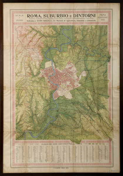 Pianta topografica "Roma, suburbio e dintorni", 1904, cm 107,5x74,5, entro cornice