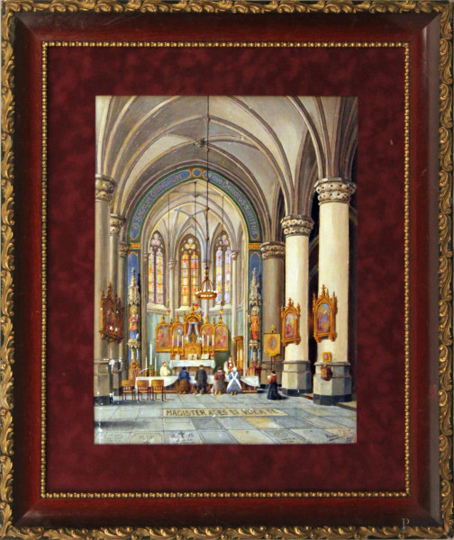 Interno di cattedrale, olio su tavola, 30x40 cm, scuola francese, entro cornice coeva, firmato e datato 1933