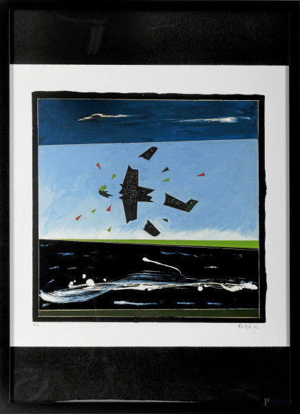 Franco Angeli ( Roma 1935 - Roma 1988 ), Senza Titolo, serigrafia, cm 50x50 entro cornice, P.A., firmato in basso a  destra