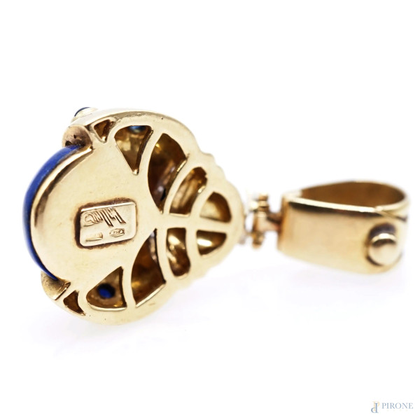 Ciondolo a foggia di coccinella in oro 18 KT, brillantini e lapislazzulo, cm 4,3, peso gr. 14,3