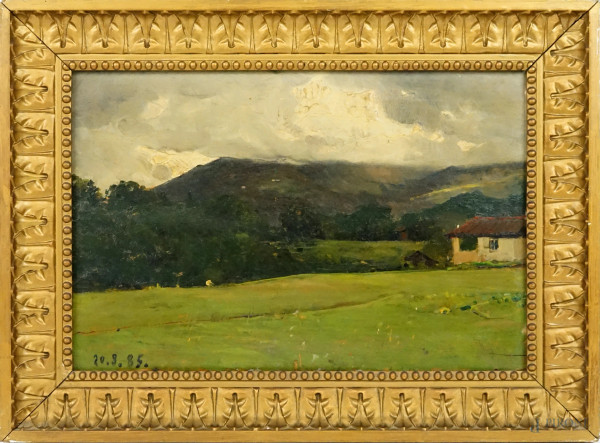 Lorenzo Delleani - Paesaggio, olio su tavola, cm 25x37, datato, entro cornice.