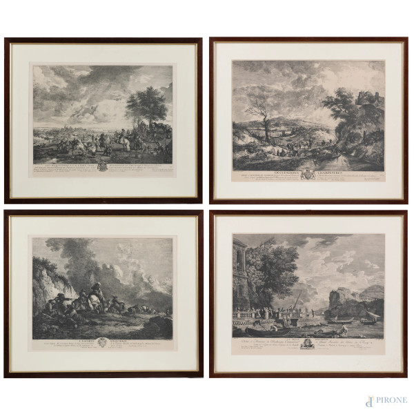 Lotto di quattro incisioni a soggetto vario, XX secolo, misure massime cm 52,5x63 compreso passepartout, entro cornice