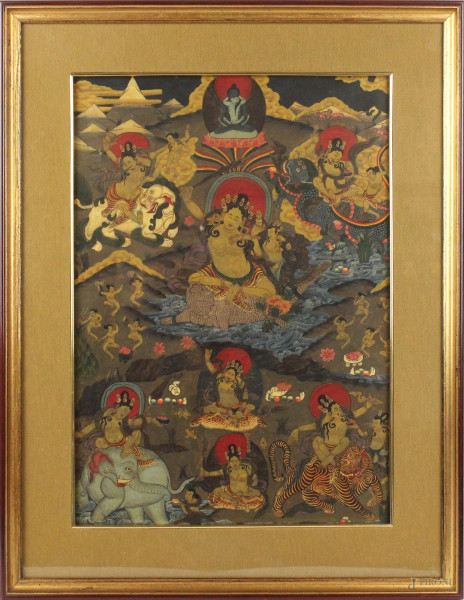 Antico thangka tibetano dipinto su tela, cm 46x34, in cornice.