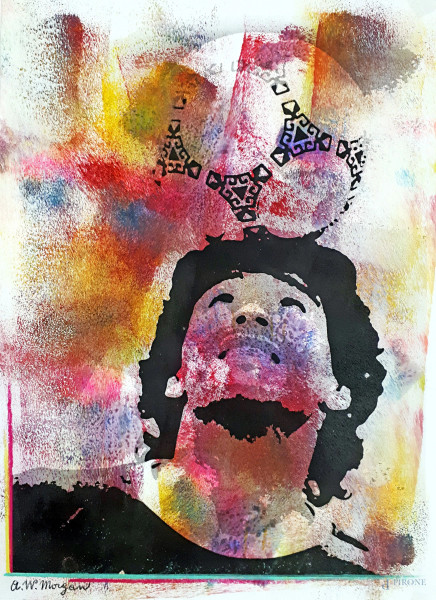 Maradona, rivisitazione in chiave Pop Art del maestro Anton Walter Morgan, tecnica mista su carta, cm 30x20