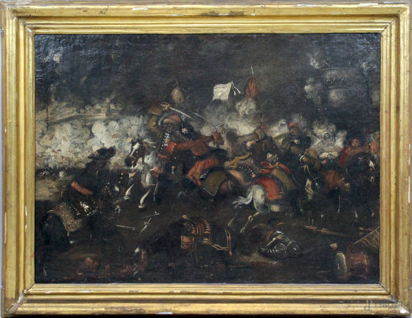 Pittore del XVIII secolo, Battaglia tra cristiani e turchi, olio su tela, cm 66x91, entro cornice.