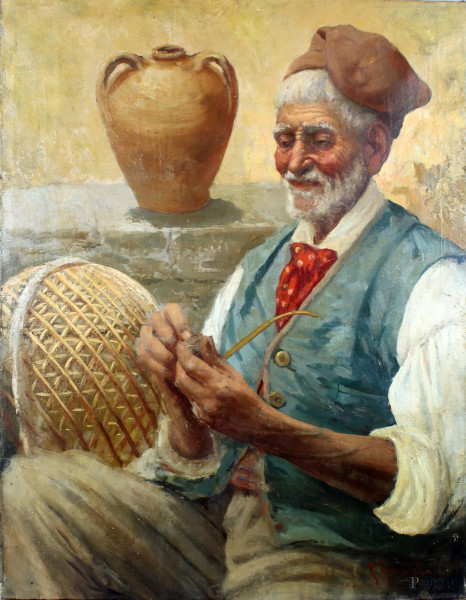 Giuseppe   Giardiello - Pescatore, olio su tela, cm. 65x51.