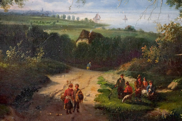 Paesaggio con figure in sosta, olio su tela, cm 49x65.5, firmato in basso a sinistra, XIX secolo,...