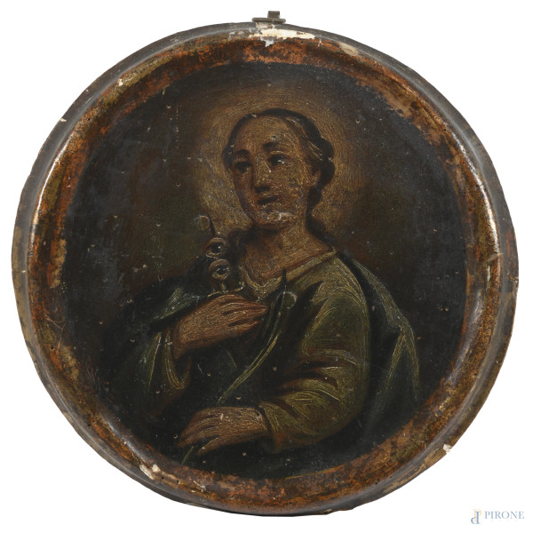 Santa Lucia, XIX secolo, olio su tavola a serto ovale, cm 22,5x24, (segni d'usura, supporto imbarcato, scalfiture, restauri, cadute di colore, fori di tarlo)