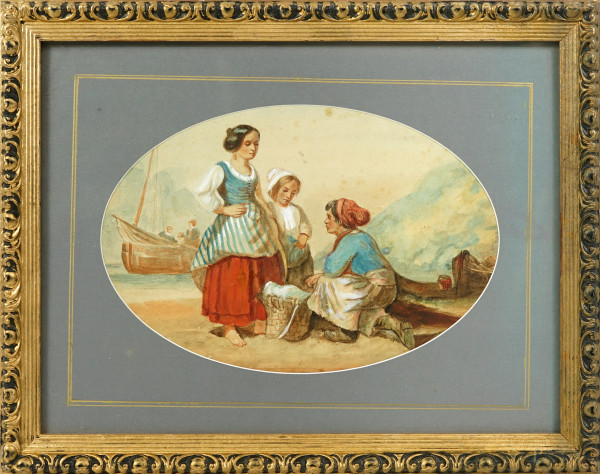 Il pescatore, acquerello su carta, XIX secolo, cm 29x38,5 compreso passepartout, entro cornice, (difetti)