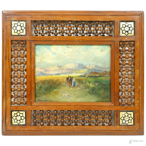 Paesaggio montano con figure, XIX secolo, olio su compensato, cm 20x27, firmato, entro cornice, (difetti)