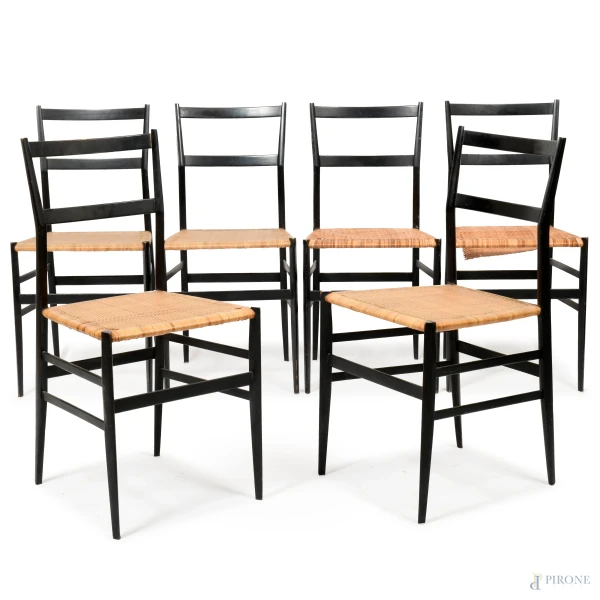 Lotto di sei seDie Superleggere Gioponti x Cassina, cm 81x43x45, (segni di usura, rotture)