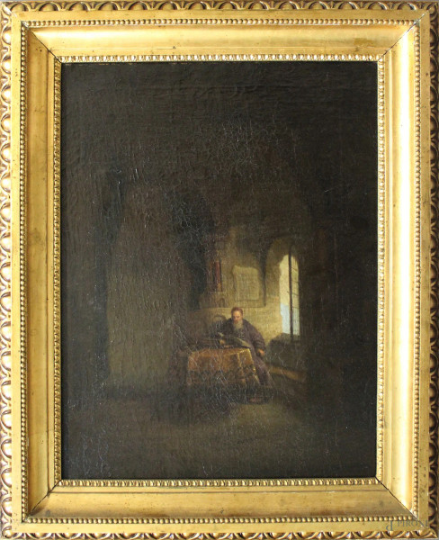 Interno di convento con frate, olio su tela, 64x50, entro cornice, inizi XIX sec.