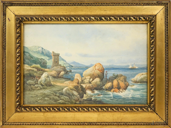 Veduta costiera con torre e pescatori, acquerello su carta, firmato "F. Knebel fece", cm 21x31, entro cornice
