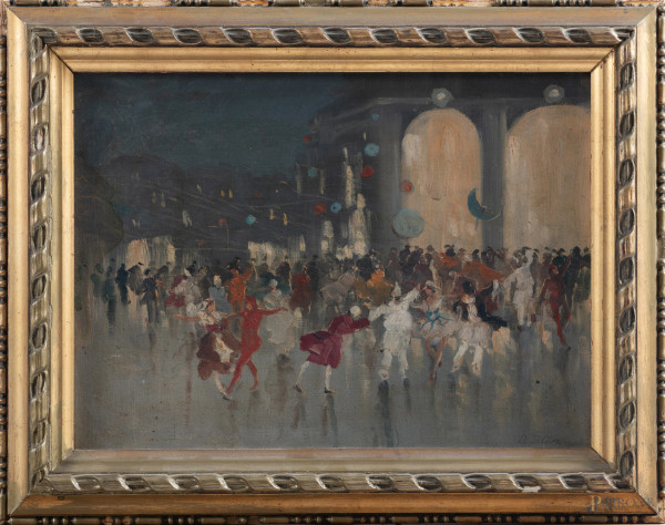 Domenico Pellissier (1828-1878), Il ballo, olio su cartone telato, cm 31x41, firmato in basso a destra, entro cornice, (lievi abrasioni, supporto imbarcato)