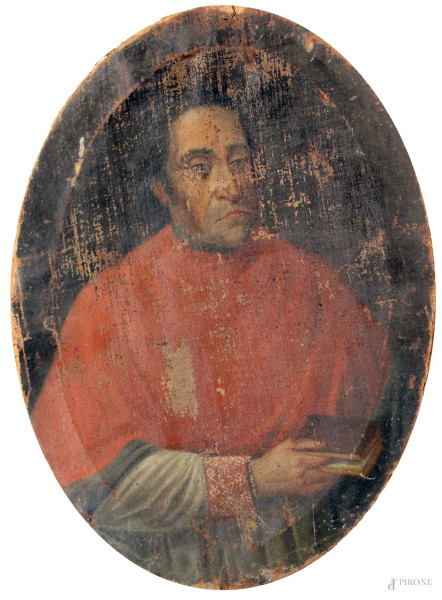 Ritratto di cardinale, olio su tela ad assetto ovale,cm. 83x66,  XVII sec, (cadute di colore).