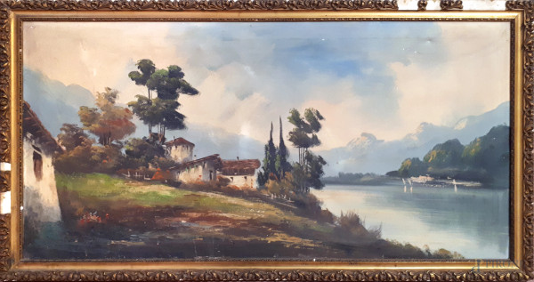 Artista del Novecento, Paesaggio lacustre con casale e alberi, olio su tela, cm 60x120, con cornice