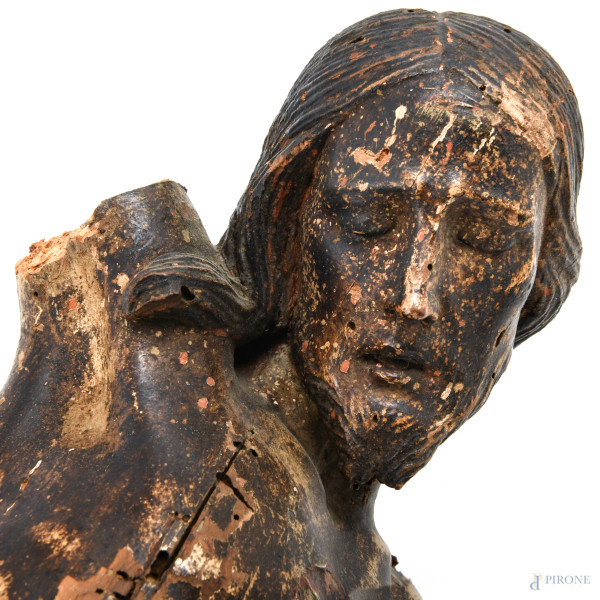 Cristo, XIX secolo, scultura in legno scolpito, altezza cm 70, (segni di usura, fori di tarlo, ro...