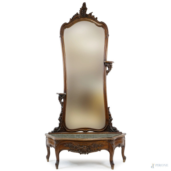 Grande specchiera con fioriera Luigi Filippo, in legno scolpito ed intagliato, XIX secolo, cm h 233x77x34