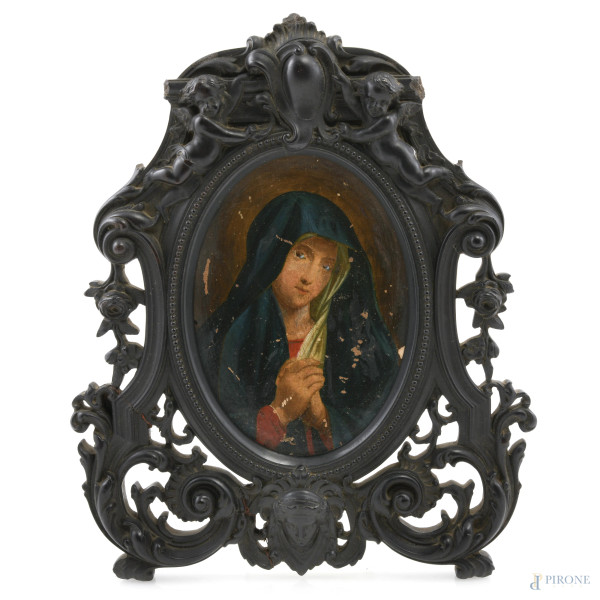 Madonna, XX secolo, stampa ritoccata, XX secolo, entro cornice, misure complessive cm 25x21, (segni di usura, graffi, cadute di colore, difetti)