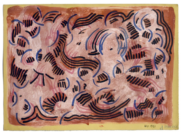 Artista del Novecento, Composizione astratta in nero e rosa, tecnica mista su carta, cm 35x25, siglato e datato 1951.