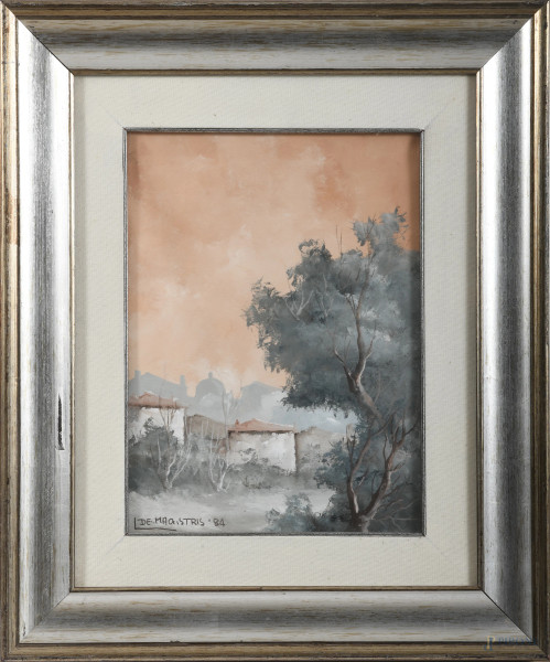 Scorcio di paese con albero, XX secolo, tecnica mista su tela, cm 40x30, firmato e datato "84" in basso a sinistra, entro cornice