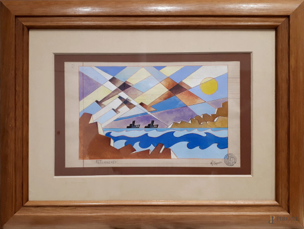 Vittorio Caproni, (XX secolo), Aeropittura, tecnica mista su carta, cm 22x35, titolato “FUTURAEREI’ in basso a destra, firma e timbro dell’artista, con cornice