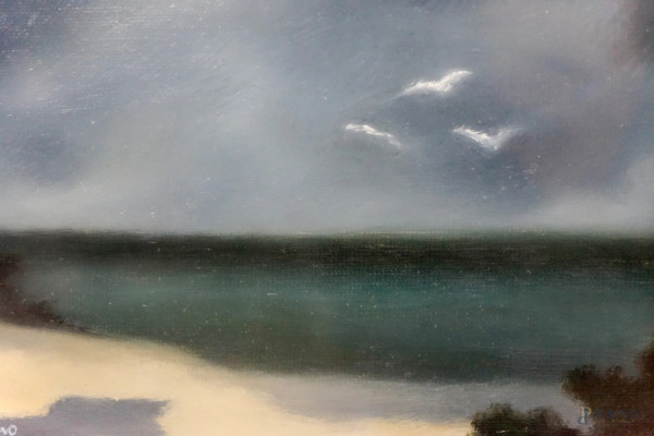 Due dipinti realizzati ad olio su cartone telato raffiguranti spiaggia e scorcio lacustre, cm 15,...