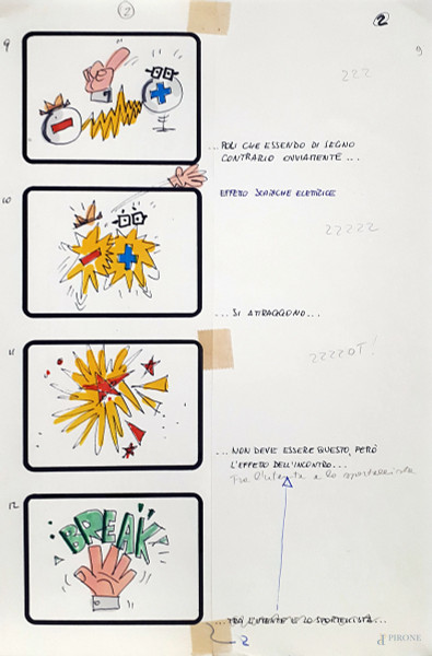 Bruno Bozzetto (1938) Story Board, pennarelli su carta, cm 30x20. L’opera fa parte di uno dei tre cortometraggi realizzati nel 1988 per una campagna pubblicitaria dell’Enel ed è pubblicata sulla brochure “Il ruolo dello sportellista dell’Enel”