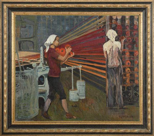 Donne al lavoro, XX secolo, olio su tela, cm 59x68, firmato in basso a destra, entro cornice,(lievi segni di usura e ondulazioni della tela)